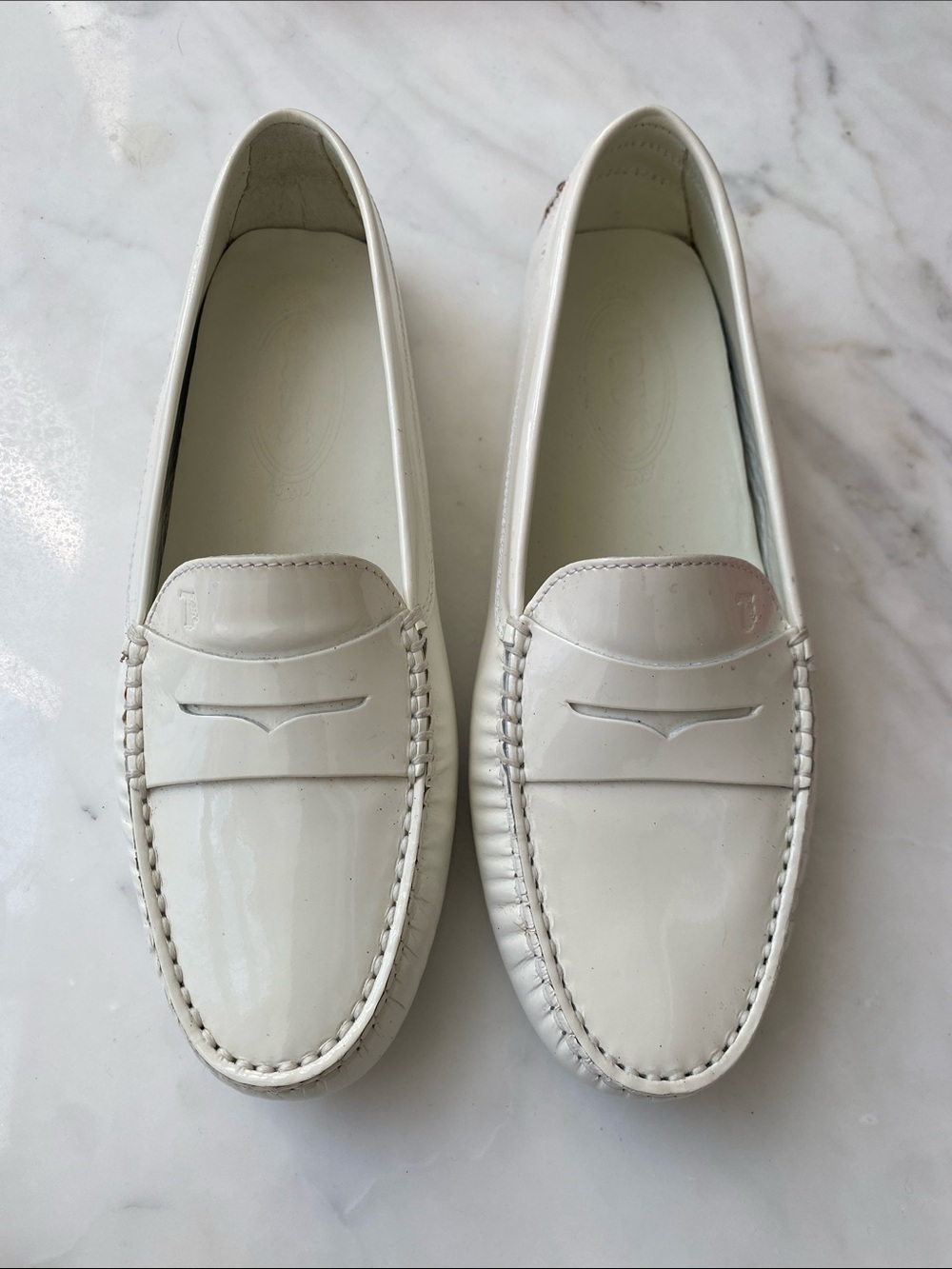 Tod’s White Patent Leather Gommino Driving Shoe